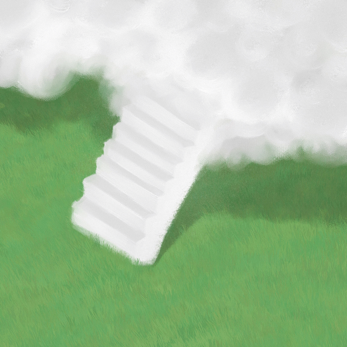 Eine weiße Treppe aus Wolken, die in die Wolkendecke führt steht auf einer grünen Wiese
